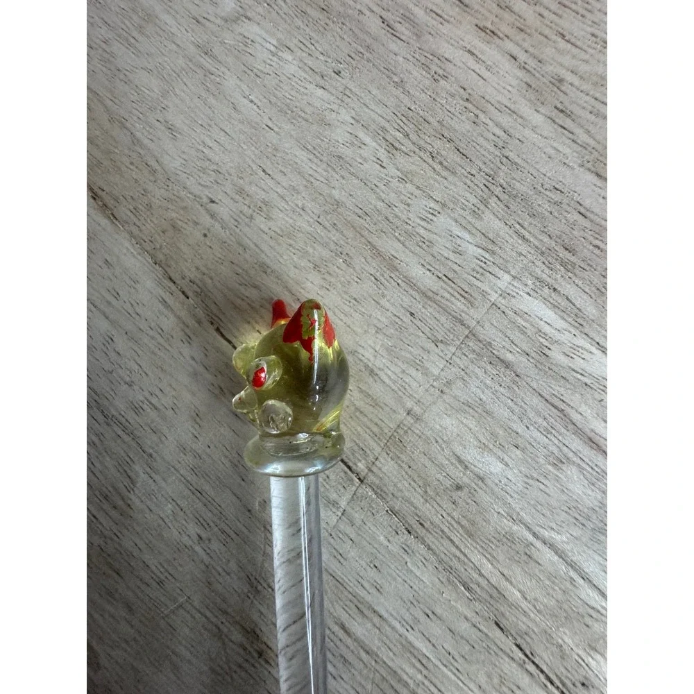 Vintage Hand Blown Glass Swizzle Stick Cocktail Stirrer Animal Head Red Clear 7